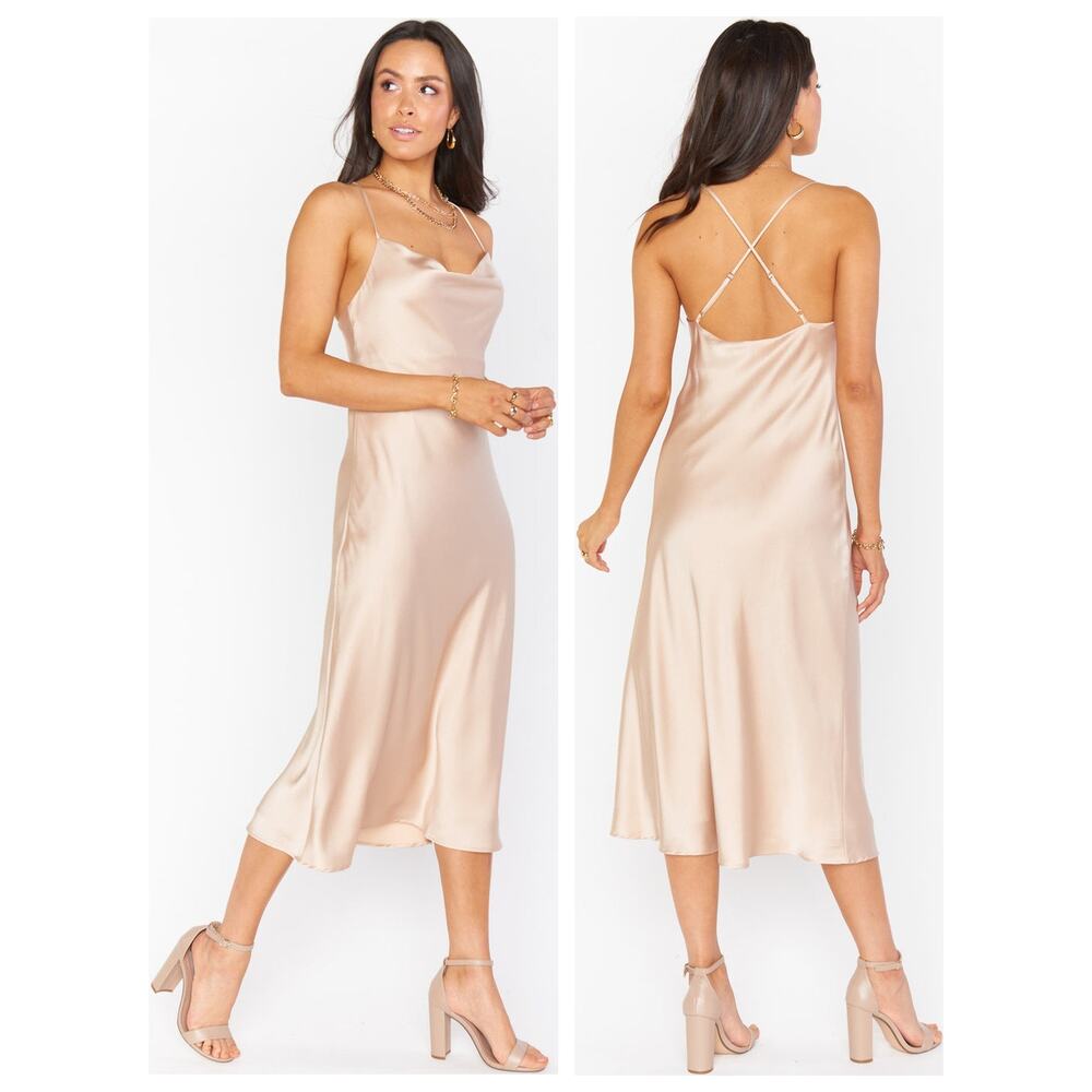 Show Me Your Mumu Verona Cowl Midi Dress Satin Strappy Open Back Party Guest L